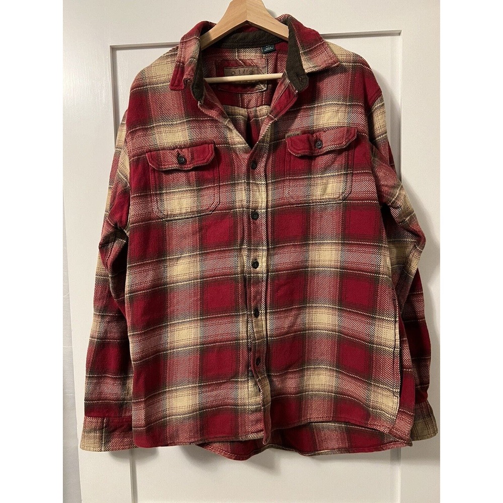 Orvis Heavyweight Flannel Shirt Jacket Mens L Red Plaid Shacket 100% Cotton